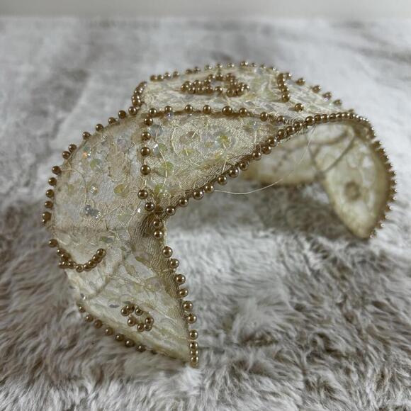 Vintage Bridal Lace Crown Tiara Gold Beaded Heart & Sequin Wedding Headpiece main image 9